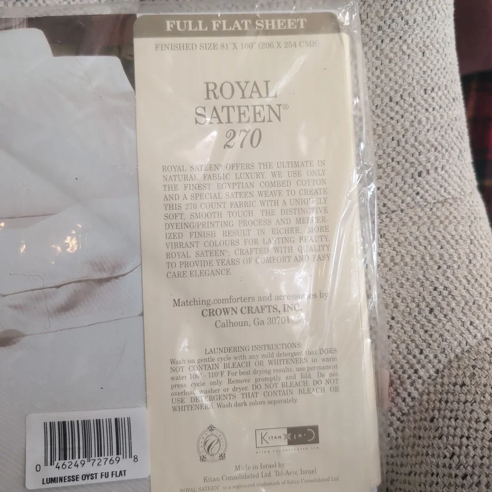 Vintage Royal Sateen 270 Egyptian Cotton Full Flat Sheet Oyster Striped NOS Seal